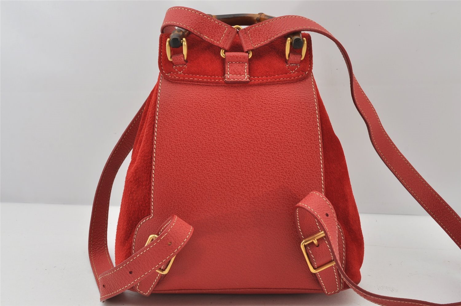 Authentic GUCCI Bamboo Backpack Purse Suede Leather Red 4992K