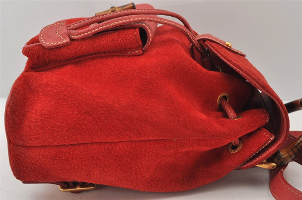 Authentic GUCCI Bamboo Backpack Purse Suede Leather Red 4992K