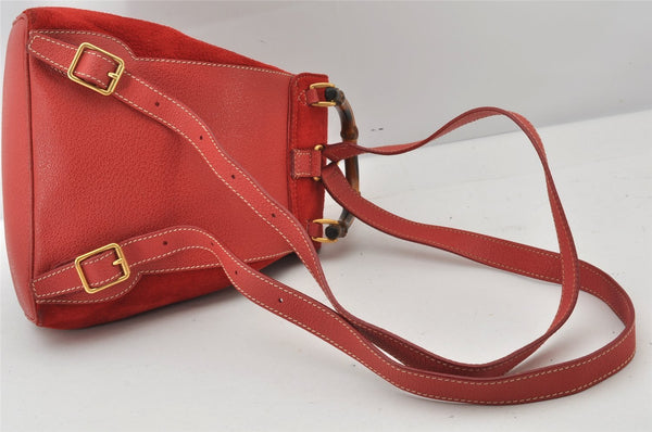 Authentic GUCCI Bamboo Backpack Purse Suede Leather Red 4992K