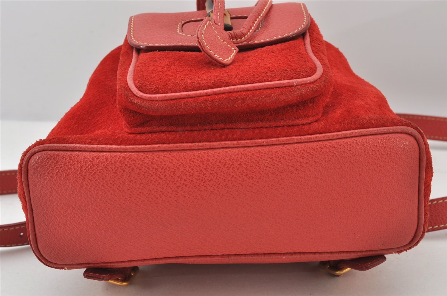 Authentic GUCCI Bamboo Backpack Purse Suede Leather Red 4992K