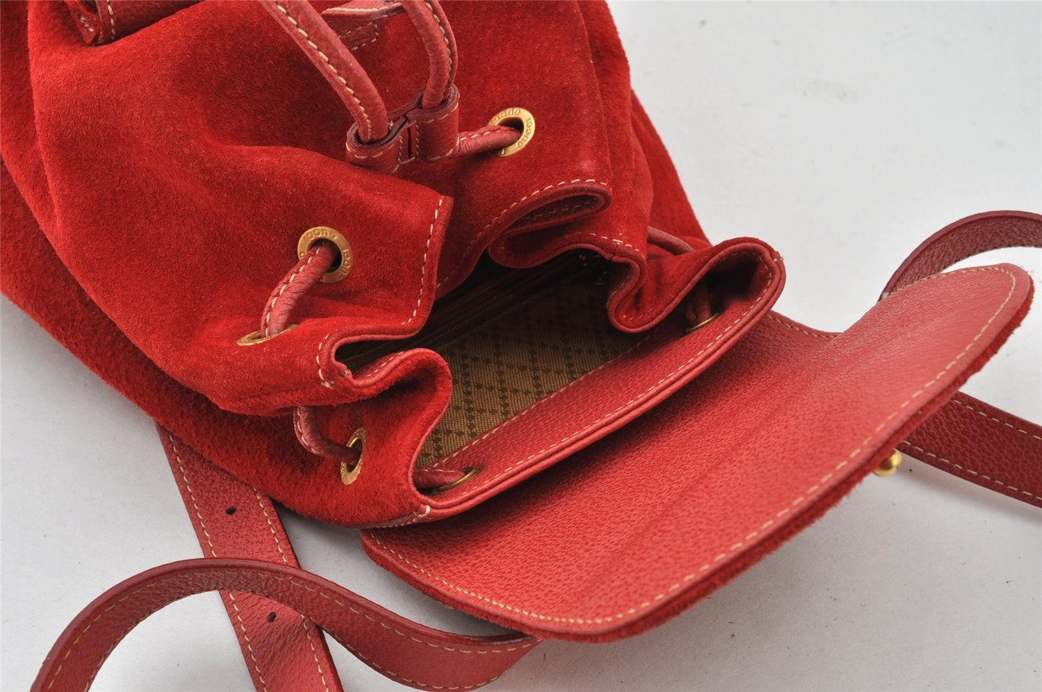 Authentic GUCCI Bamboo Backpack Purse Suede Leather Red 4992K