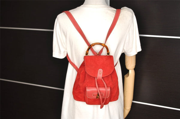 Authentic GUCCI Bamboo Backpack Purse Suede Leather Red 4992K