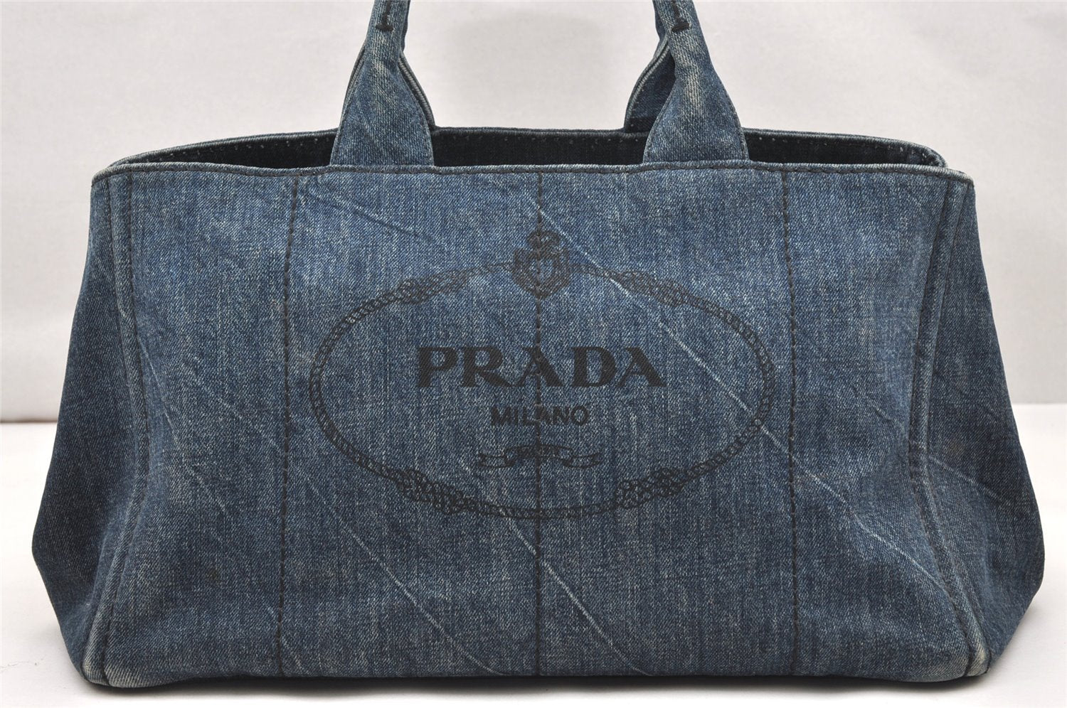 Authentic PRADA Canapa L Canvas Tote Hand Bag Denim Blue 4998K