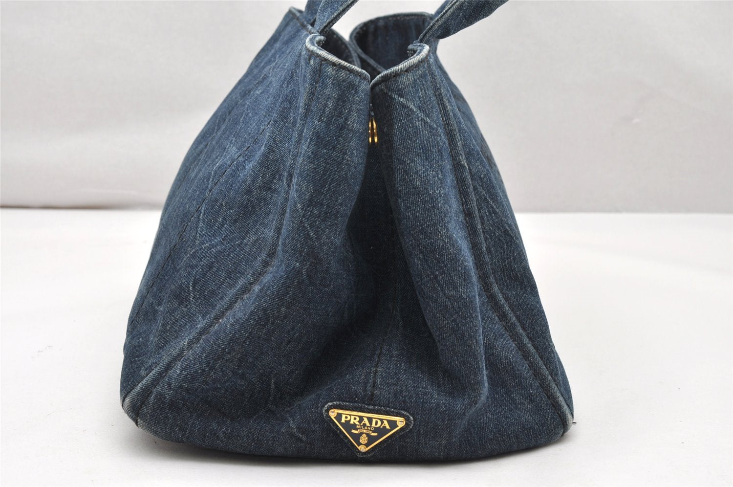 Authentic PRADA Canapa L Canvas Tote Hand Bag Denim Blue 4998K