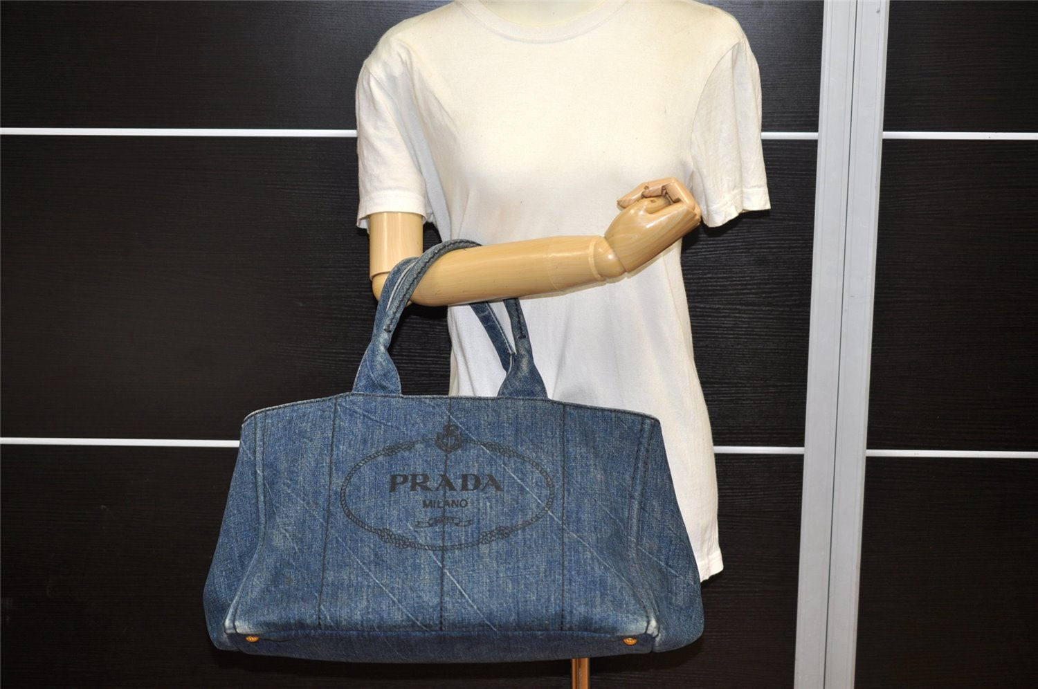 Authentic PRADA Canapa L Canvas Tote Hand Bag Denim Blue 4998K