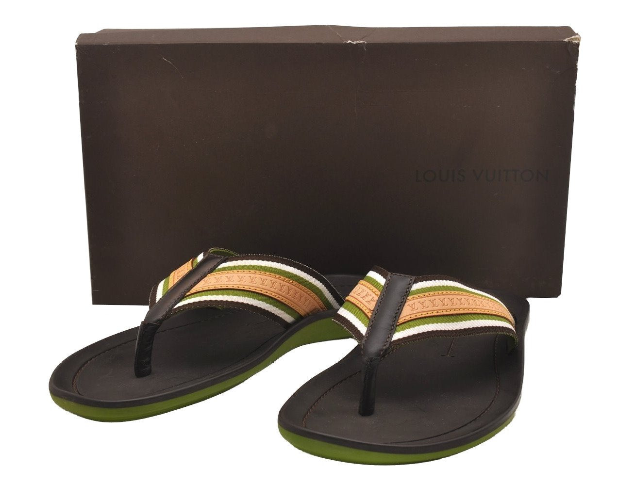 Auth Louis Vuitton Flip Flops Sandals Rubber Leather Size EU 7 Brown Box 5007J