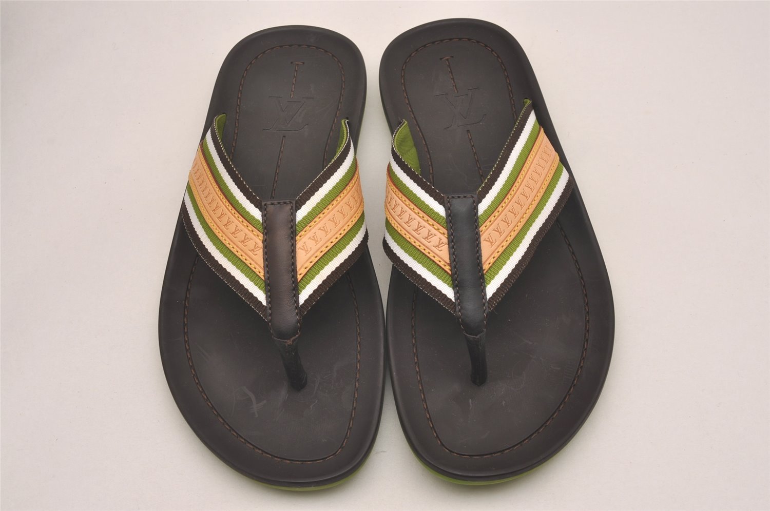 Auth Louis Vuitton Flip Flops Sandals Rubber Leather Size EU 7 Brown Box 5007J
