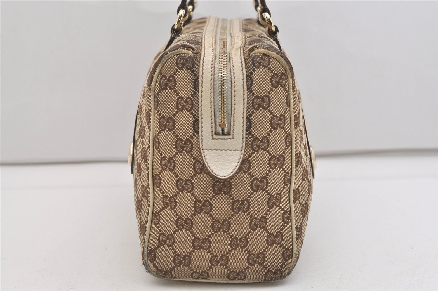 Authentic GUCCI Charmy Hand Boston Bag GG Canvas Leather 154180 Brown 5010J