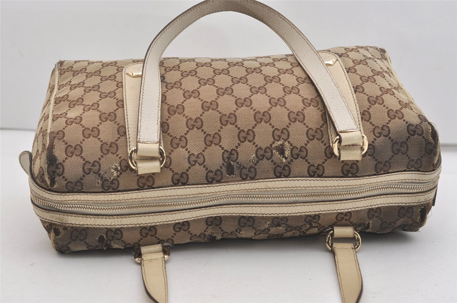 Authentic GUCCI Charmy Hand Boston Bag GG Canvas Leather 154180 Brown 5010J