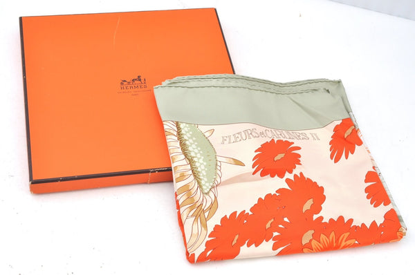 Authentic HERMES Carre 90 Scarf "FLEURS et CARLINES II" Silk Green Box 5015H