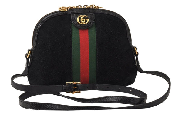 Auth GUCCI Web Sherry Line OPHIDIA Shoulder Bag Suede Leather 499621 Black 5019K