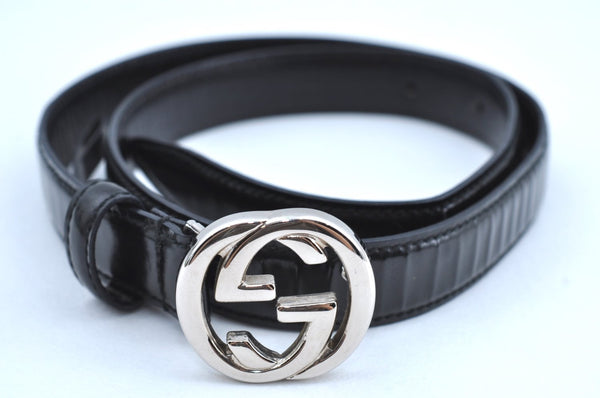 Authentic GUCCI Interlocking G Belt Enamel Leather Size 65cm 25.6" Black 5025H