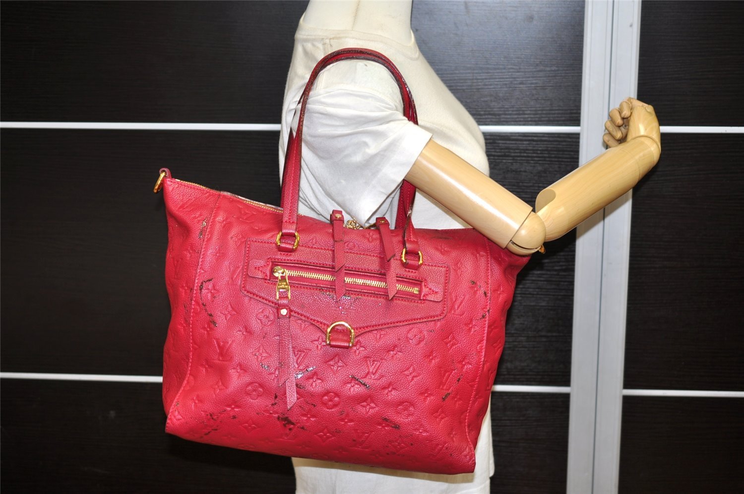 Auth Louis Vuitton Monogram Empreinte Lumineuse PM Tote Bag Red Junk 5025K