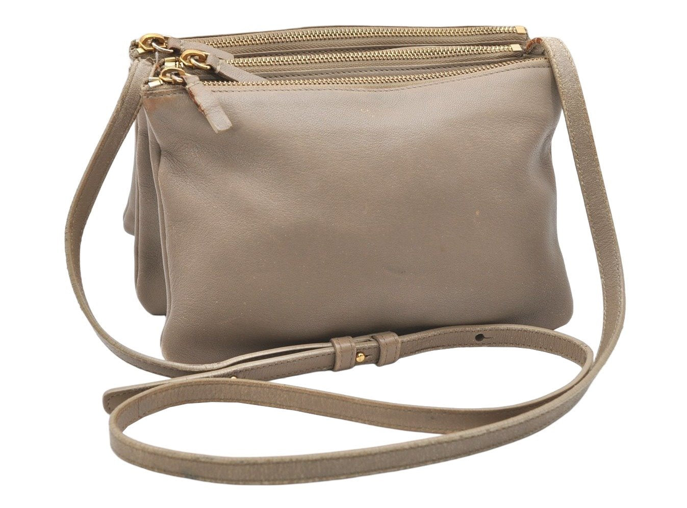 Authentic CELINE TRIO Shoulder Cross Body Clutch Bag Leather Beige 5027K