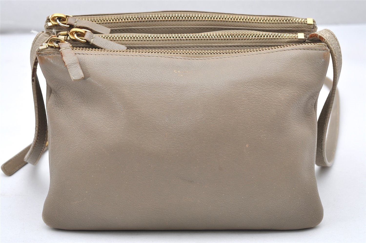 Authentic CELINE TRIO Shoulder Cross Body Clutch Bag Leather Beige 5027K