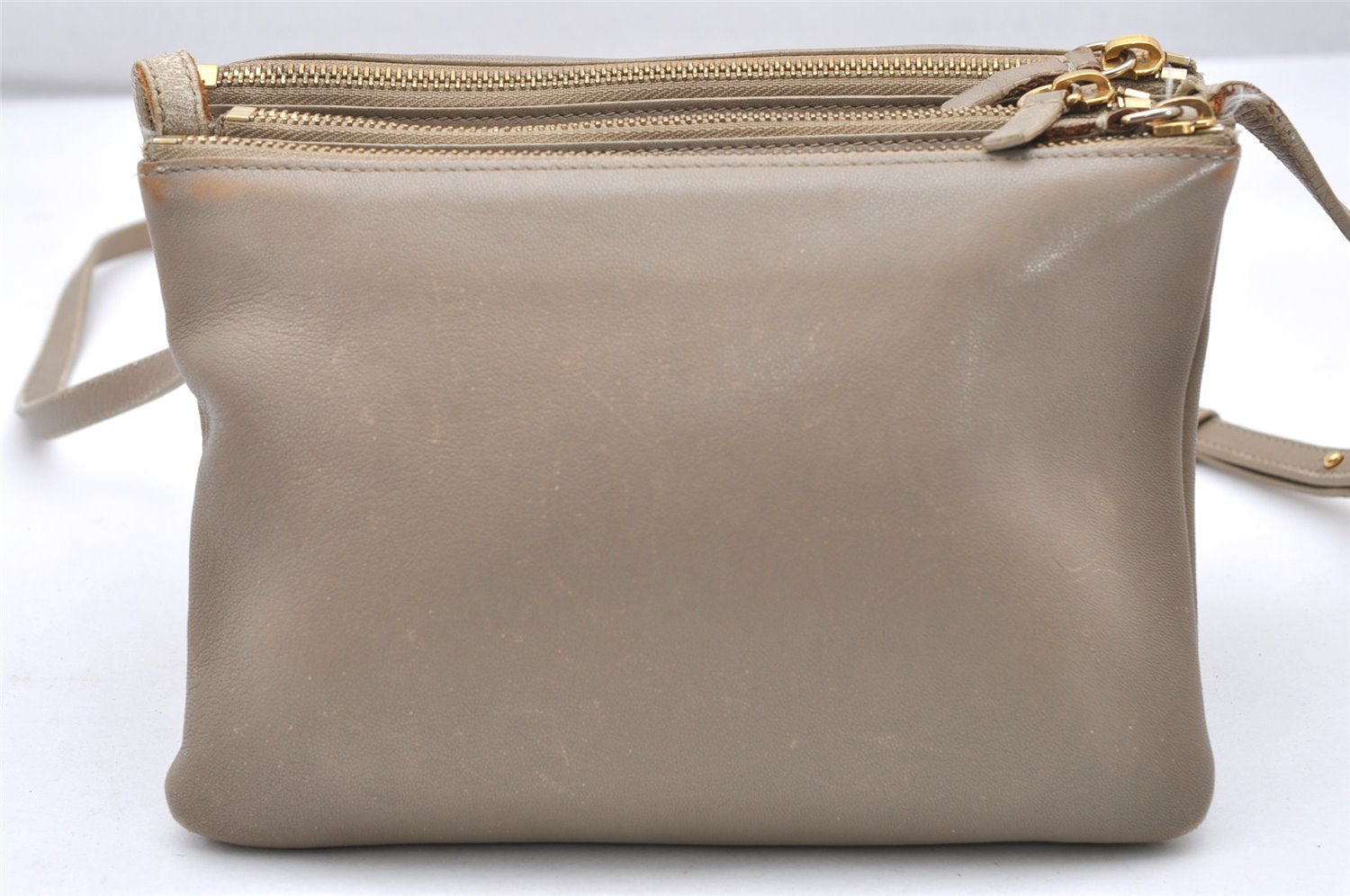Authentic CELINE TRIO Shoulder Cross Body Clutch Bag Leather Beige 5027K
