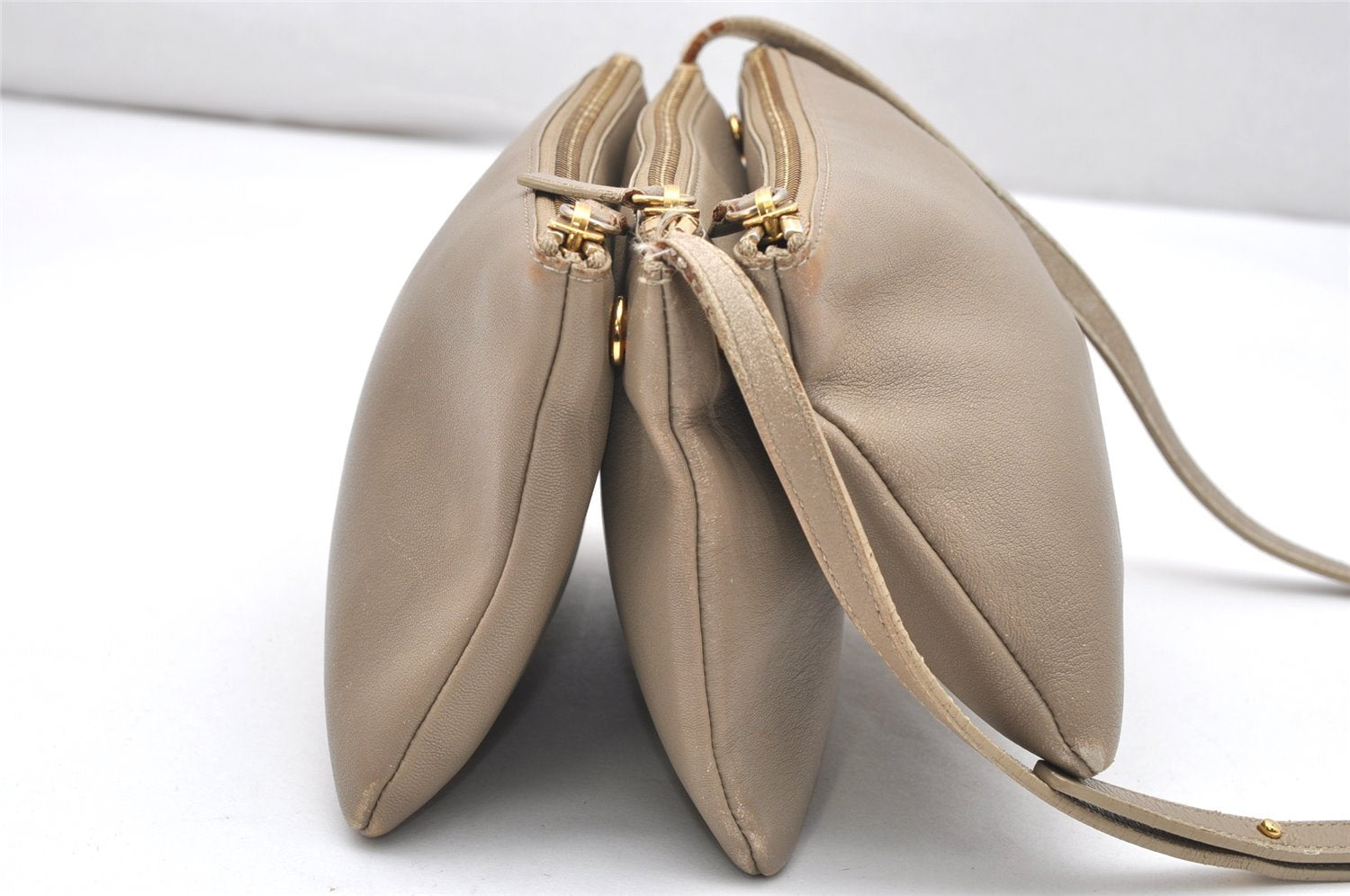Authentic CELINE TRIO Shoulder Cross Body Clutch Bag Leather Beige 5027K
