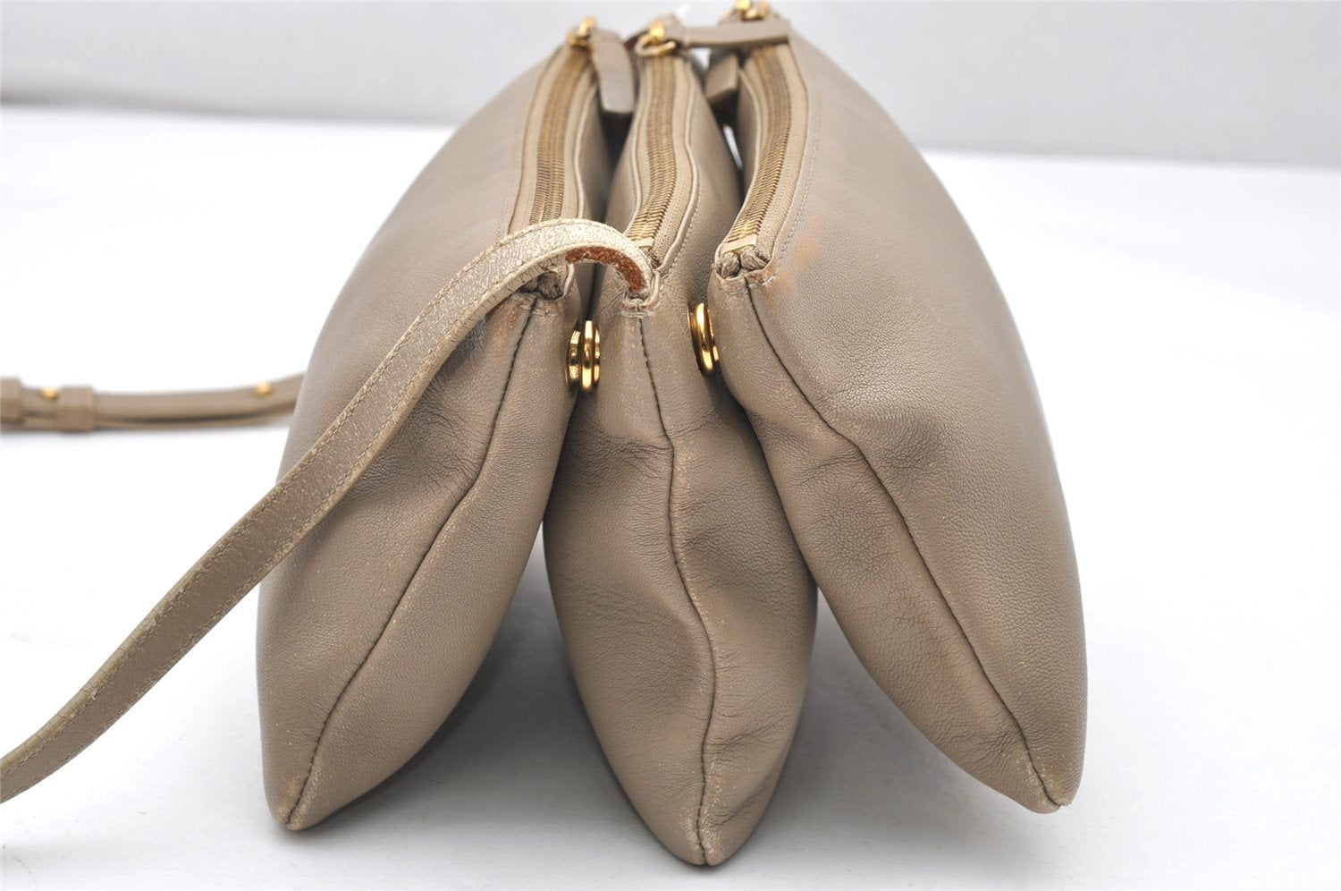 Authentic CELINE TRIO Shoulder Cross Body Clutch Bag Leather Beige 5027K
