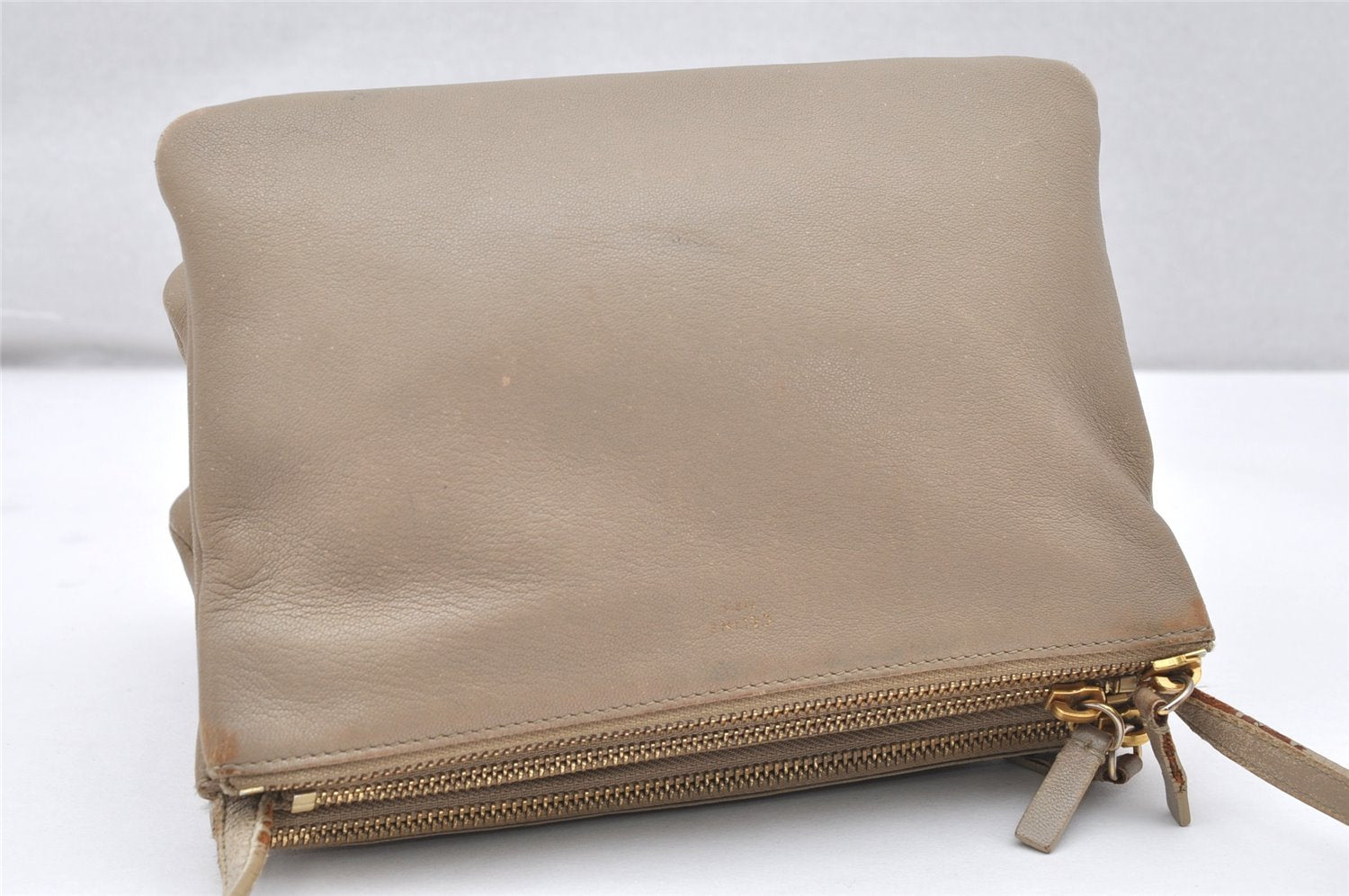 Authentic CELINE TRIO Shoulder Cross Body Clutch Bag Leather Beige 5027K