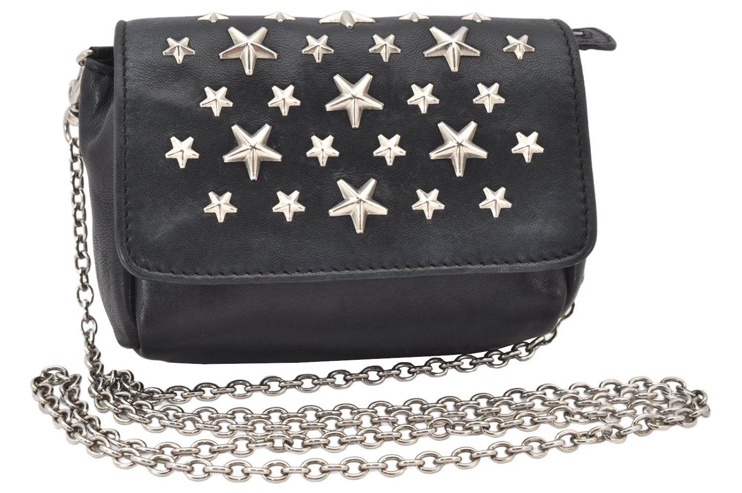 Authentic JIMMY CHOO Stella Star Studs Leather Shoulder Pouch Purse Black 5038K