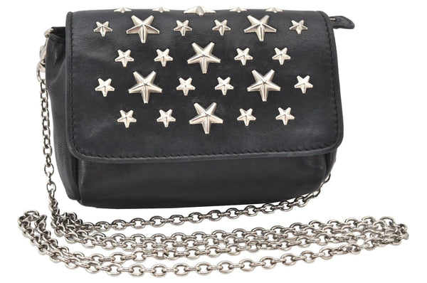 Authentic JIMMY CHOO Stella Star Studs Leather Shoulder Pouch Purse Black 5038K