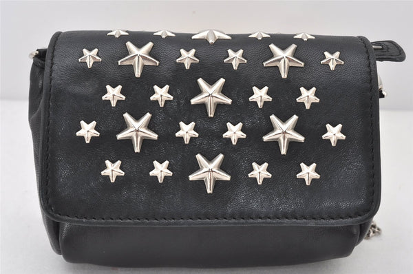 Authentic JIMMY CHOO Stella Star Studs Leather Shoulder Pouch Purse Black 5038K