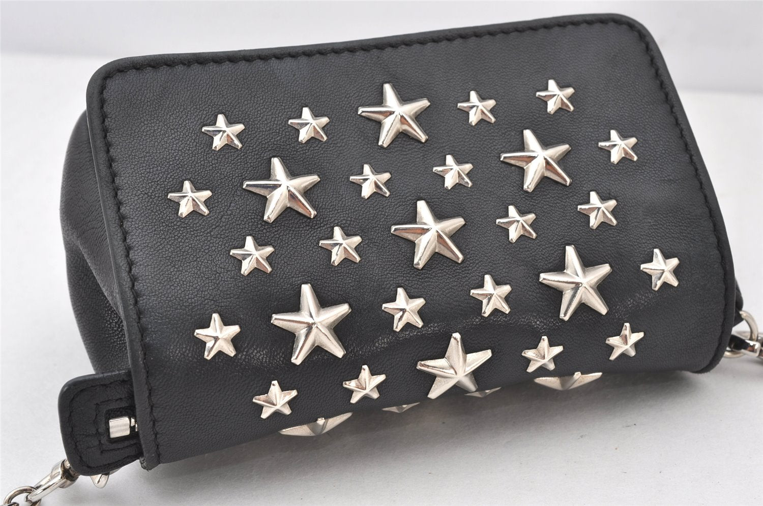 Authentic JIMMY CHOO Stella Star Studs Leather Shoulder Pouch Purse Black 5038K