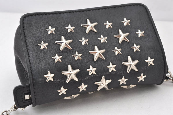 Authentic JIMMY CHOO Stella Star Studs Leather Shoulder Pouch Purse Black 5038K