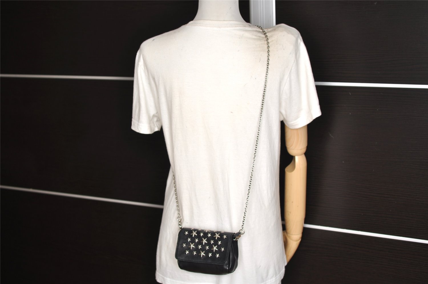 Authentic JIMMY CHOO Stella Star Studs Leather Shoulder Pouch Purse Black 5038K