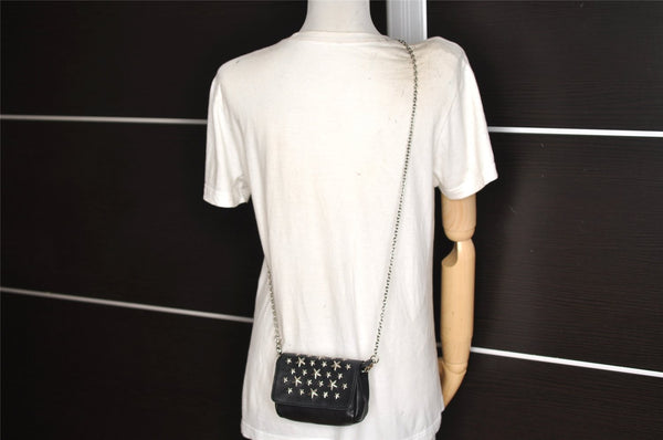 Authentic JIMMY CHOO Stella Star Studs Leather Shoulder Pouch Purse Black 5038K
