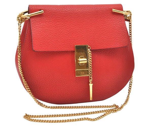 Authentic Chloe Drew Leather Chain Shoulder Cross Body Bag Purse Red 5039K