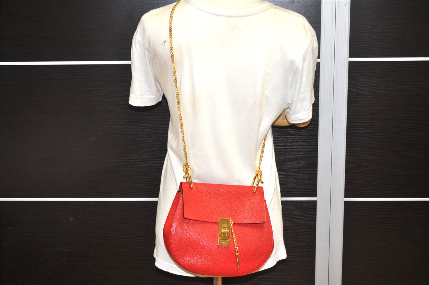 Authentic Chloe Drew Leather Chain Shoulder Cross Body Bag Purse Red 5039K