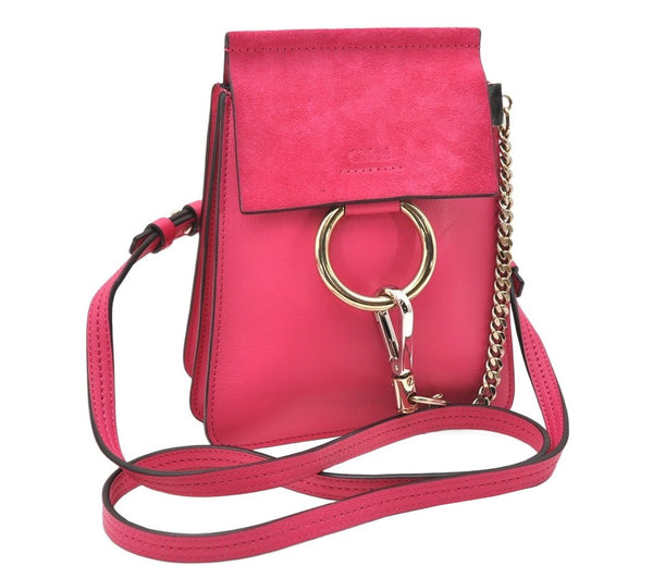 Authentic Chloe Faye Small 2Way Shoulder Cross Body Bag Leather Suede Pink 5040K