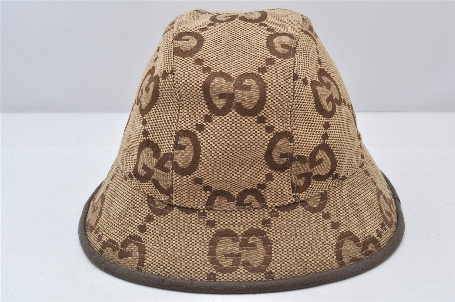 Authentic GUCCI Jumbo GG Canvas Leather Bucket Hat Size M 681256 Brown 5051K