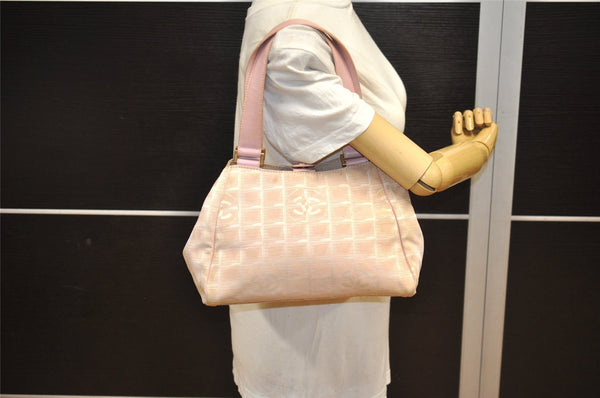 Authentic CHANEL New Travel Line Shoulder Tote Bag Nylon Leather Pink 5052J