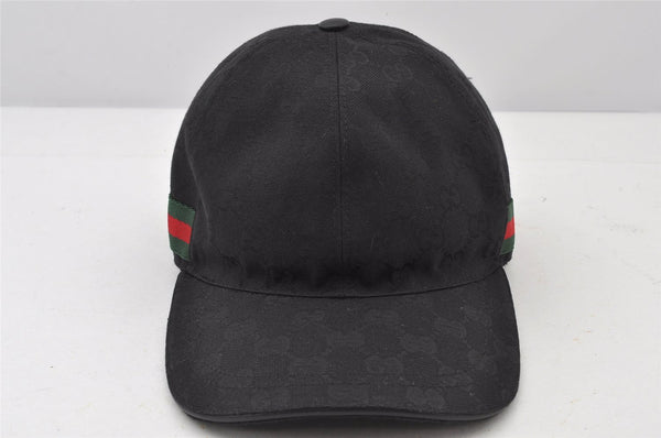 Authentic GUCCI Web Sherry Line Cap GG Canvas Leather Size L 200035 Black 5052K