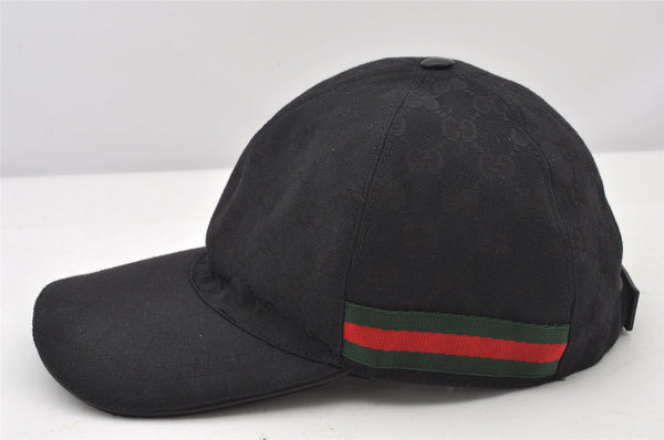 Authentic GUCCI Web Sherry Line Cap GG Canvas Leather Size L 200035 Black 5052K