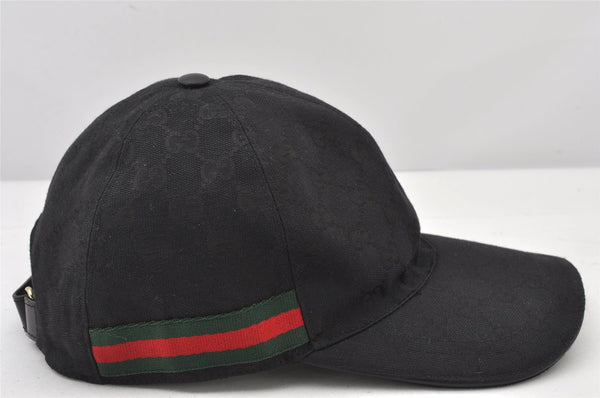 Authentic GUCCI Web Sherry Line Cap GG Canvas Leather Size L 200035 Black 5052K