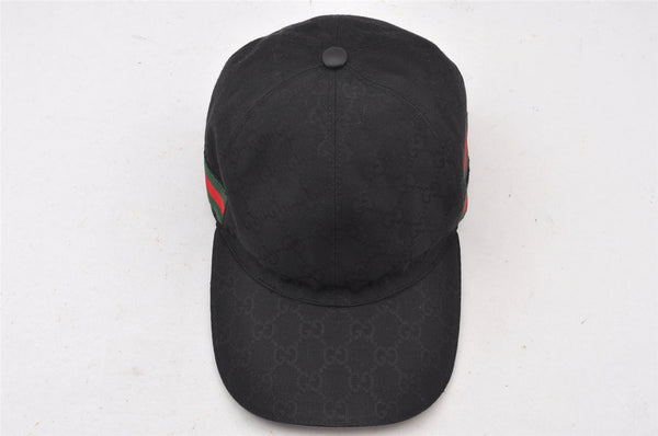 Authentic GUCCI Web Sherry Line Cap GG Canvas Leather Size L 200035 Black 5052K