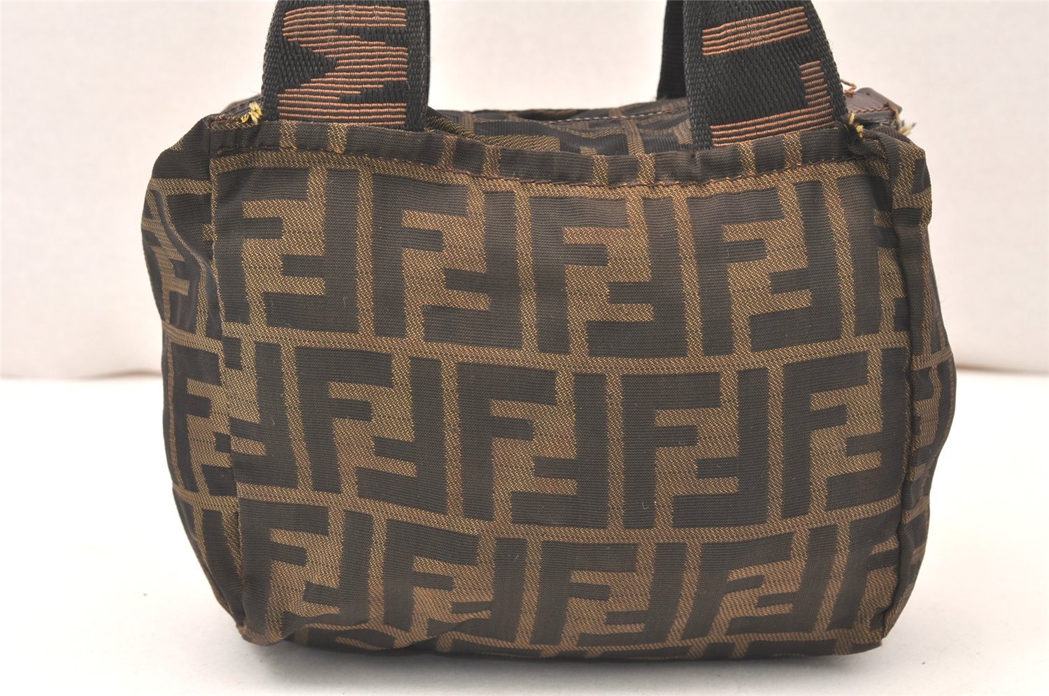 Authentic FENDI Vintage Zucca Hand Bag Purse Nylon Leather Brown 5055K