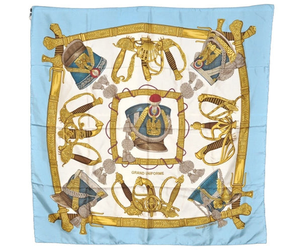 Authentic HERMES Carre 90 Scarf "GRAND UNIFORME" Silk Light Blue 5058J