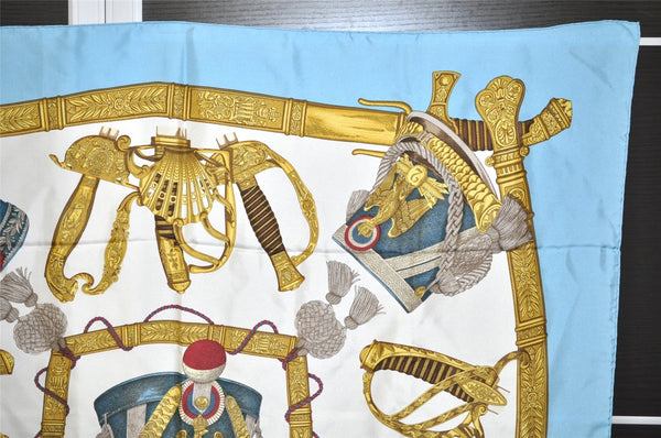 Authentic HERMES Carre 90 Scarf "GRAND UNIFORME" Silk Light Blue 5058J