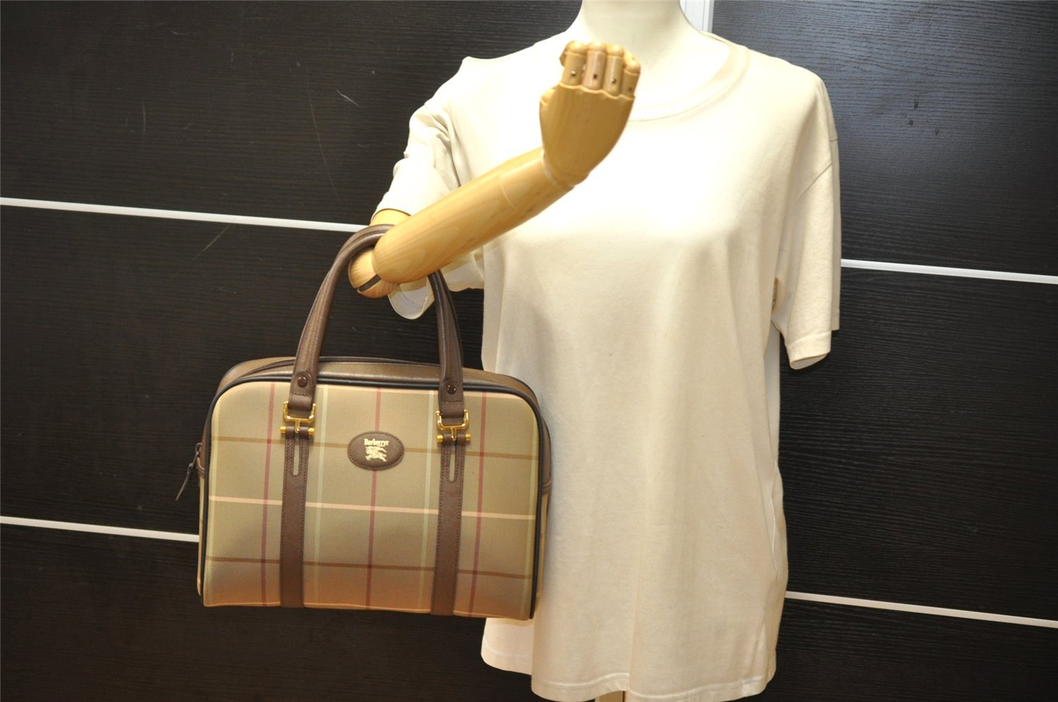 Authentic Burberrys Vintage Check Canvas Shoulder Hand Bag Khaki Green 5058K
