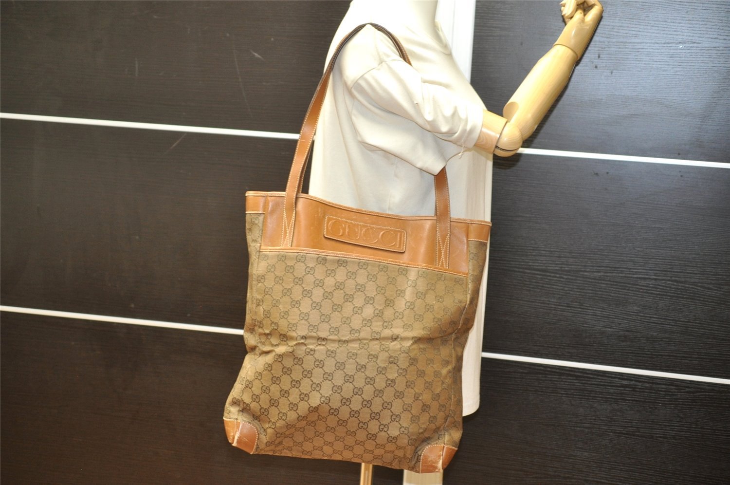 Authentic GUCCI Vintage Shoulder Tote Bag GG Canvas Leather Brown Junk 5059K