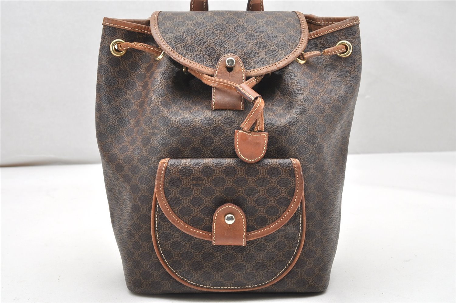 Authentic CELINE Macadam Blason Drawstring Backpack PVC Leather Brown 5064K