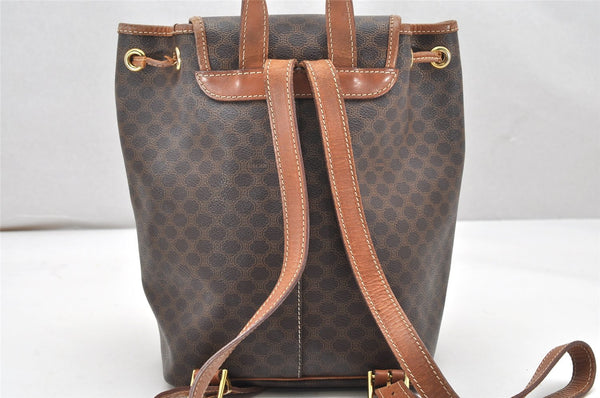 Authentic CELINE Macadam Blason Drawstring Backpack PVC Leather Brown 5064K