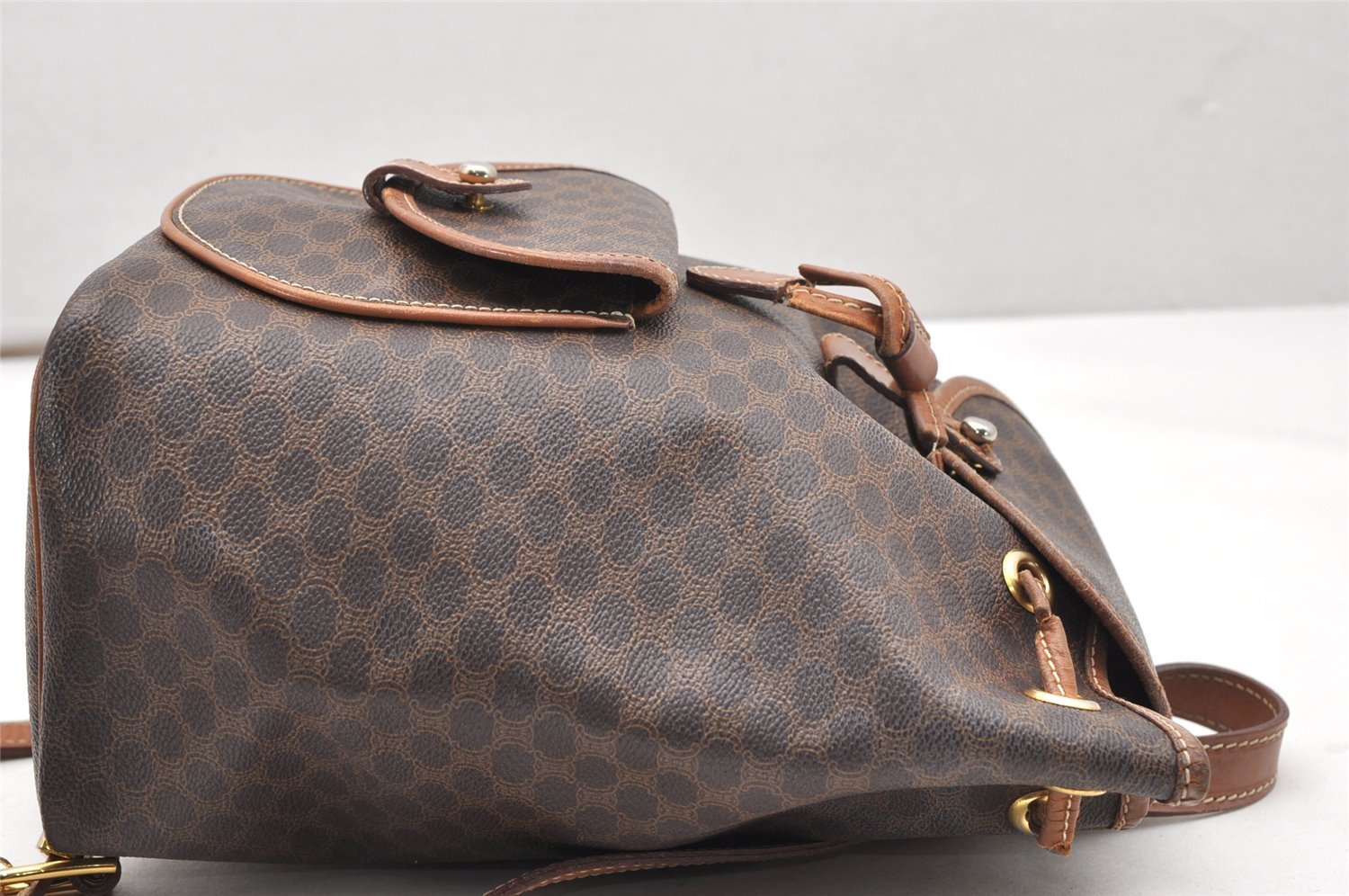 Authentic CELINE Macadam Blason Drawstring Backpack PVC Leather Brown 5064K