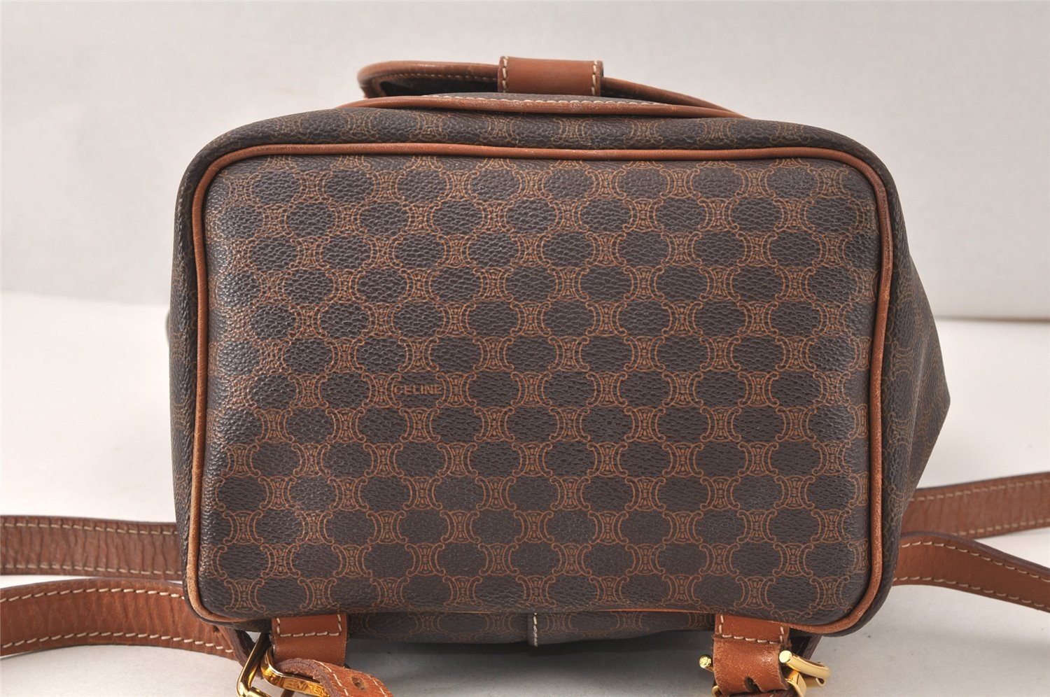 Authentic CELINE Macadam Blason Drawstring Backpack PVC Leather Brown 5064K