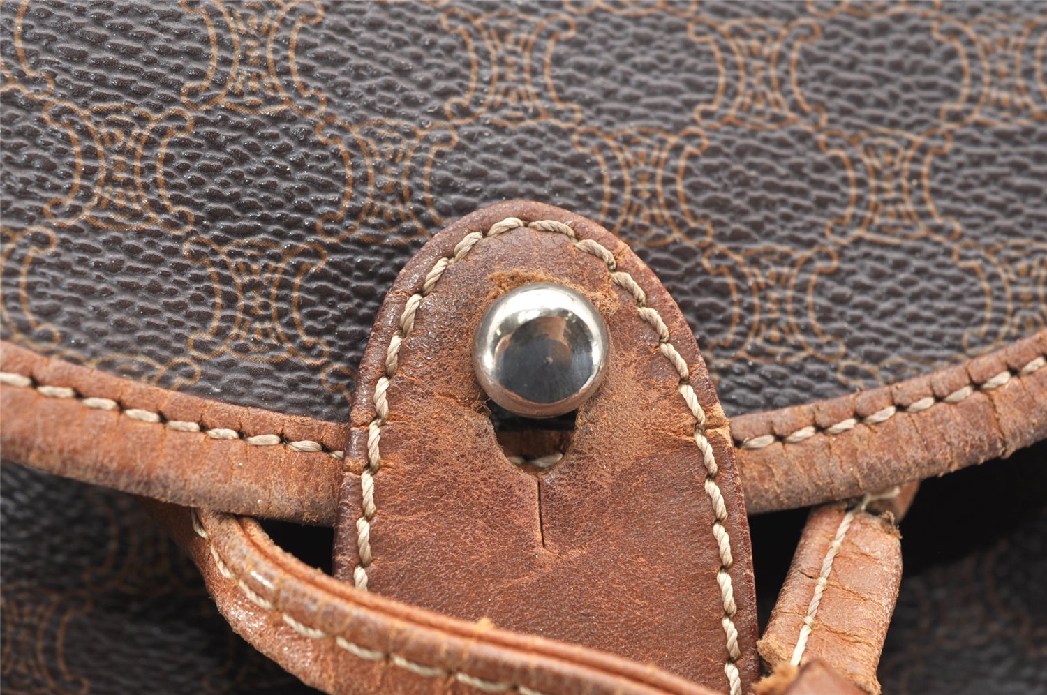 Authentic CELINE Macadam Blason Drawstring Backpack PVC Leather Brown 5064K