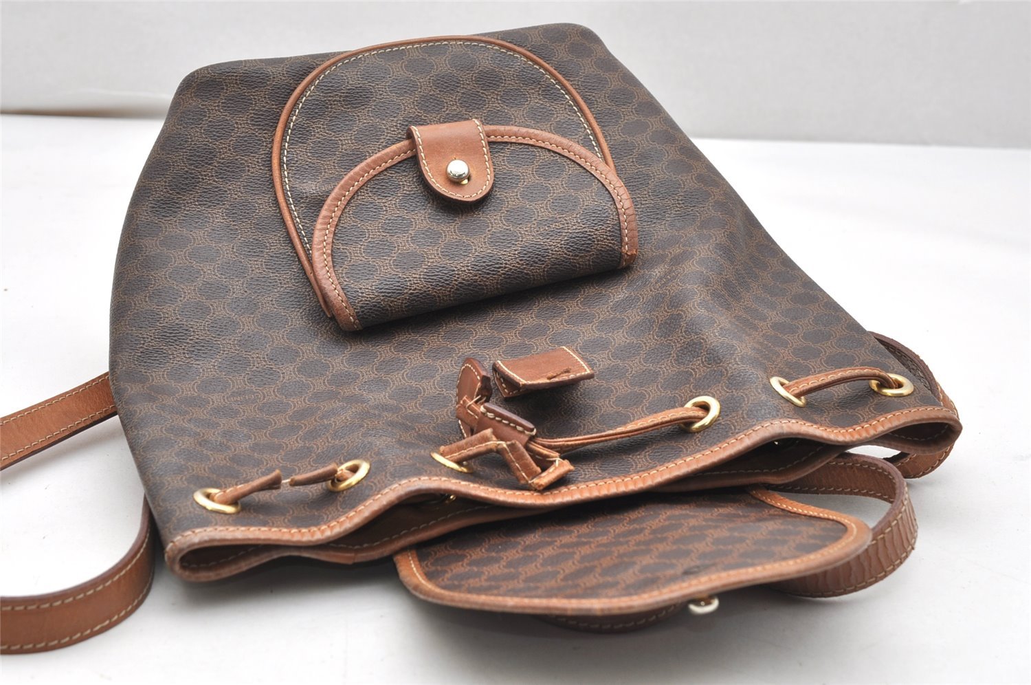 Authentic CELINE Macadam Blason Drawstring Backpack PVC Leather Brown 5064K